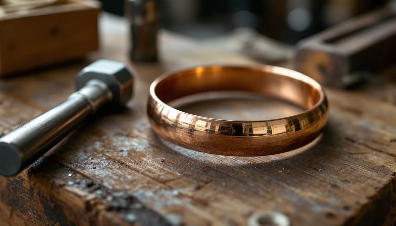 A curved anticlastic copper bracelet form beside a polished steel sinusoidal forming stake and a raising hammer on a wooden workbench