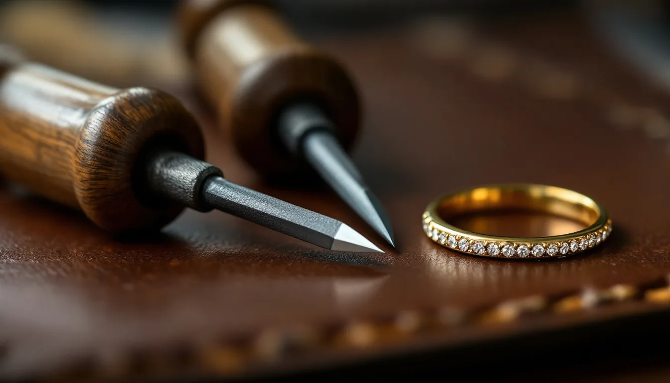 Engraving gravers with mushroom wooden handles beside a gold band with a row of small bead-set diamonds, on a leather bench skin