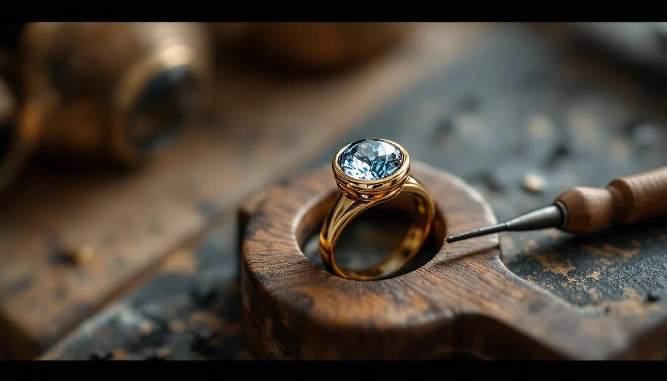 A round gemstone sitting in a gold bezel cup on a ring held in a wooden ring clamp, a bezel pusher tool beside it