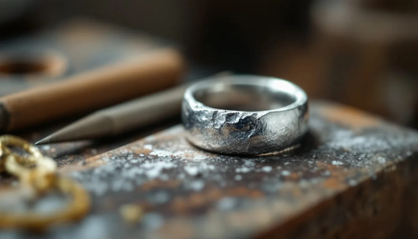 Macro view of a freshly cast silver ring with a rough unpolished surface resting on a wooden bench pin, needle files nearby
