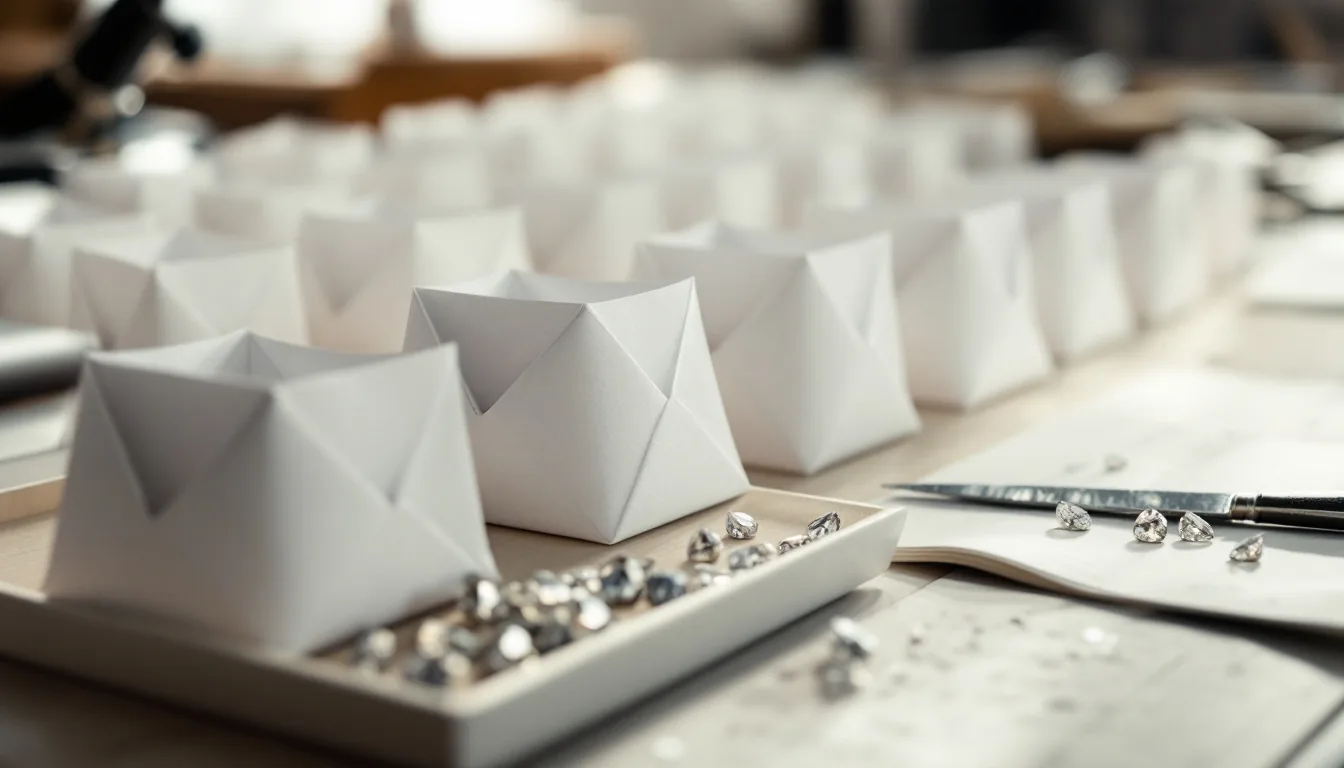 A row of folded white paper diamond parcels on a diamond dealer's desk, a sorting tray of polished diamonds and a loupe, northern window light