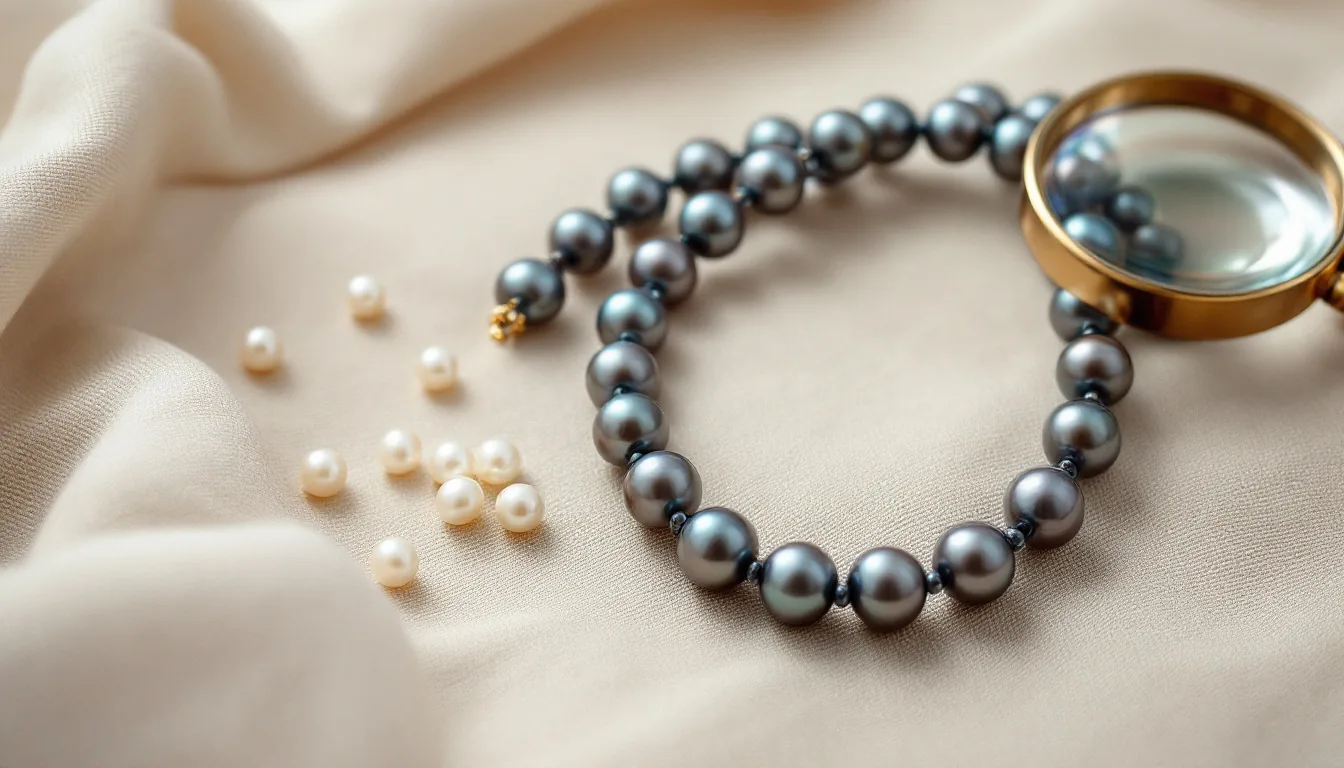 A strand of dark grey and peacock-toned cultured pearls beside a few loose white pearls on natural linen, with a jeweler's loupe