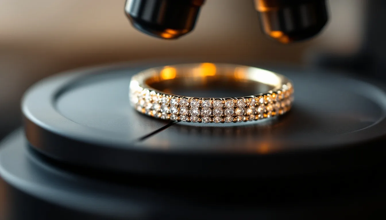 Macro of a white gold micro-pave diamond eternity band under the lens of a bench microscope