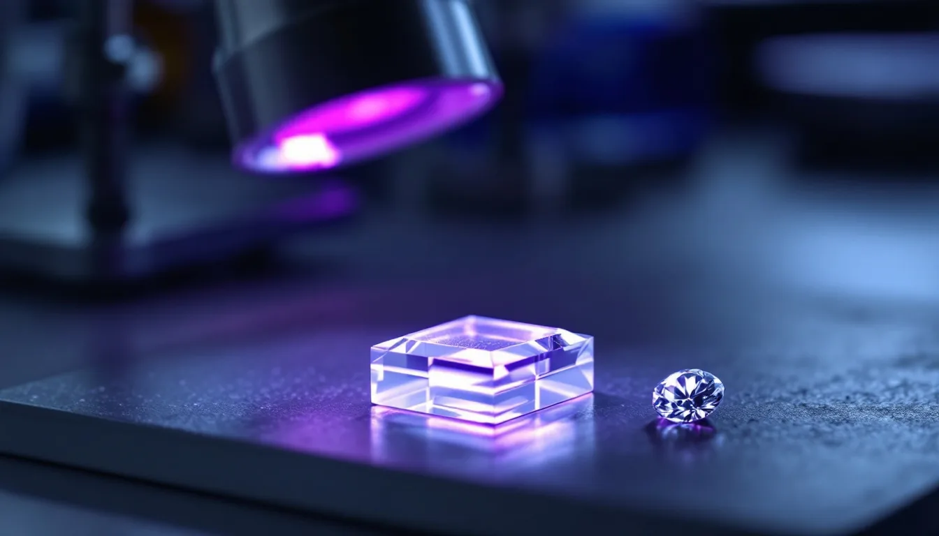 A flat square lab-grown diamond crystal plate beside a polished round brilliant diamond on a grey laboratory bench, a small ultraviolet lamp casting a faint violet glow