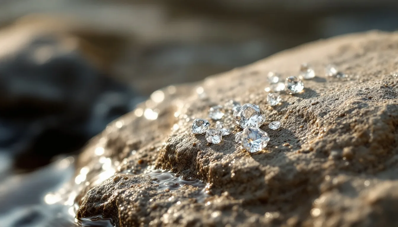 A handful of small rough alluvial diamonds resting on a smooth river rock beside shallow water, soft morning light, documentary still life