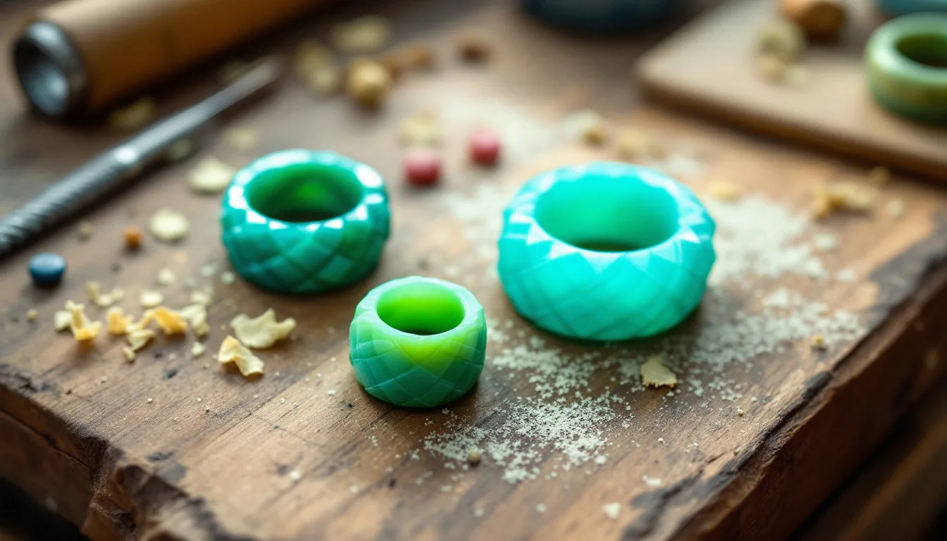 Hand-carved green and blue jewelry wax ring models on a scratched wooden jeweler's bench, next to wax carving files, a spiral wax saw blade and wax shavings