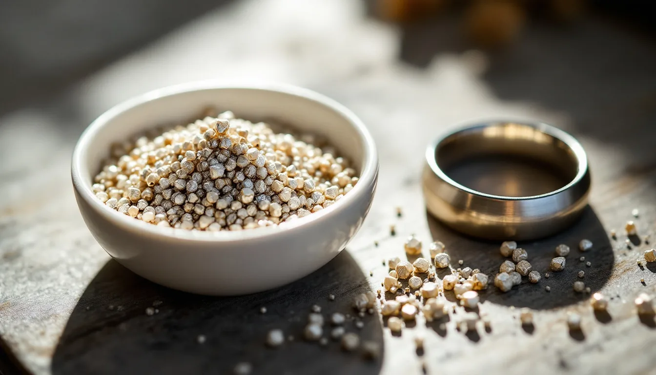 Small bright palladium casting grain pellets in a white ceramic dish next to a brushed palladium men's wedding band