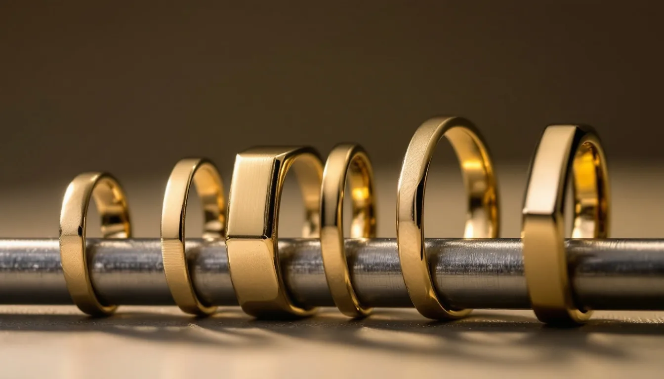 Several gold rings with different shank shapes, including a square shank and a ring with small sizing beads inside, lined up on a steel ring mandrel