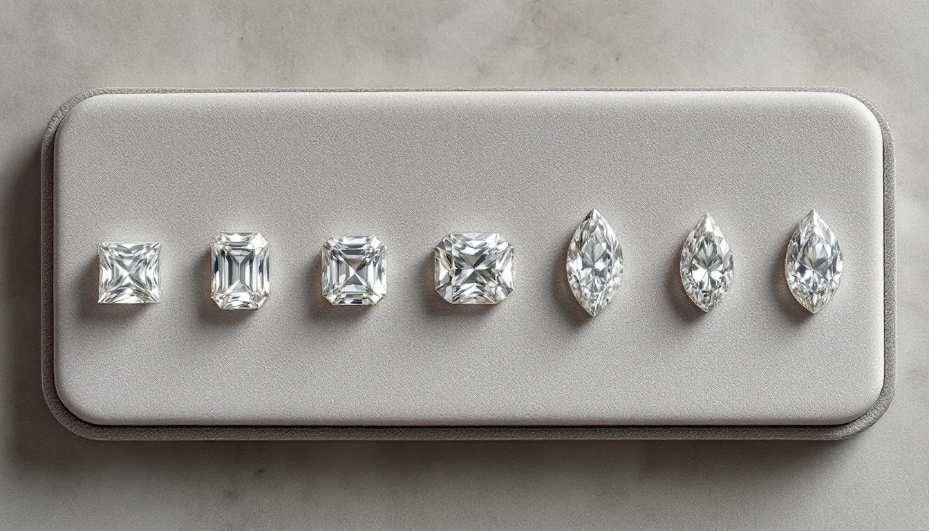 Top-down view of loose fancy-shape diamonds arranged in a neat row on a light grey suede gem tray: princess, cushion, emerald cut, Asscher, oval, pear and marquise