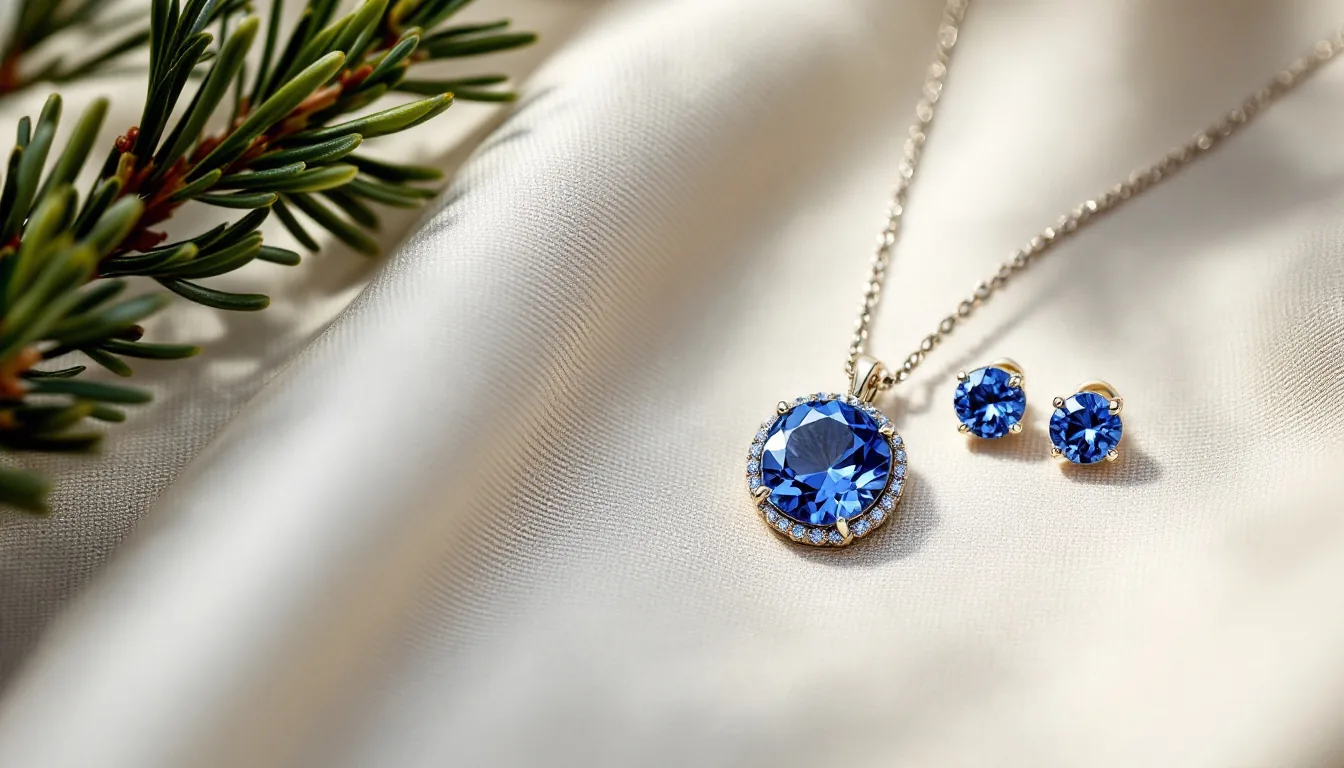 A tanzanite pendant on a fine white gold chain with matching stud earrings, on cream linen beside a sprig of winter evergreen