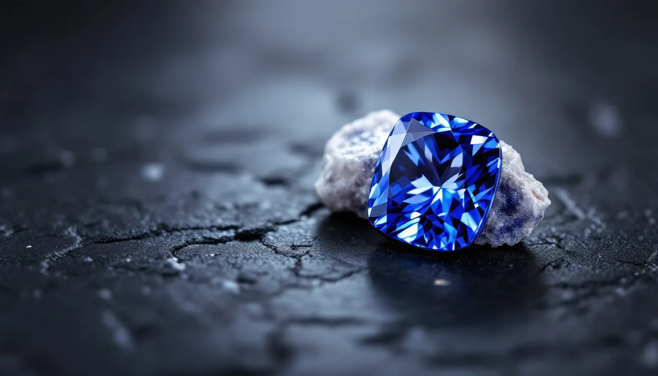 A cushion-cut violet-blue tanzanite gemstone resting on a piece of rough tanzanite crystal, on dark slate