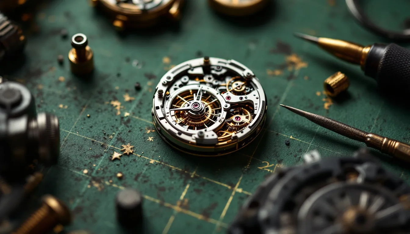 An open mechanical watch movement on a watchmaker's green mat, the crown and stem removed and lying beside it, a fine screwdriver and brass tweezers